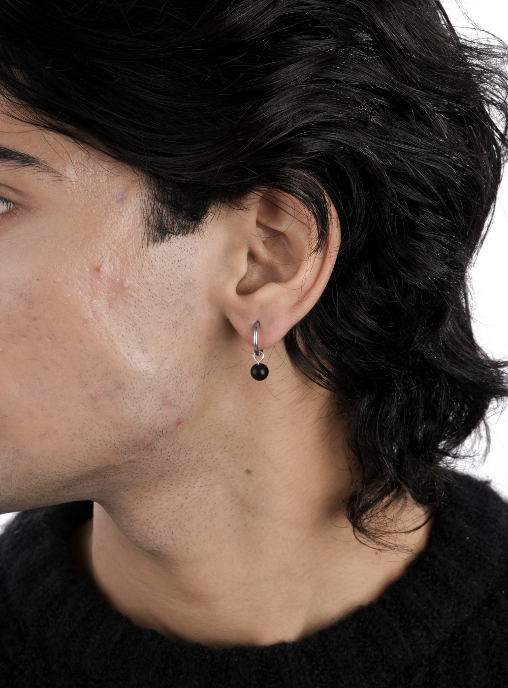 Black Bead Hoop (Sterling Silver)