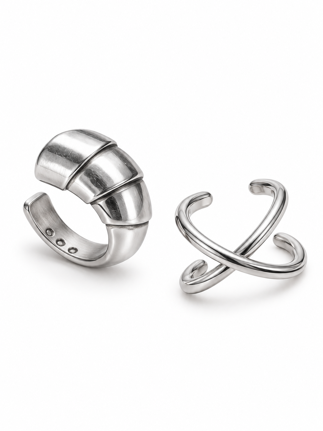 Crossed Signals - Silver Croissant Cuff and Criss Cross Cuff