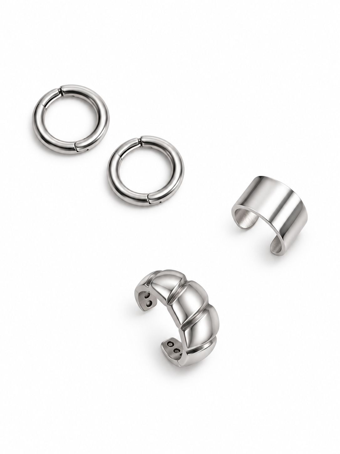 No Piercing Needed - Pressing Hoop Pair (Non-pierced) and Ear Cuff and Silver Croissant Cuff
