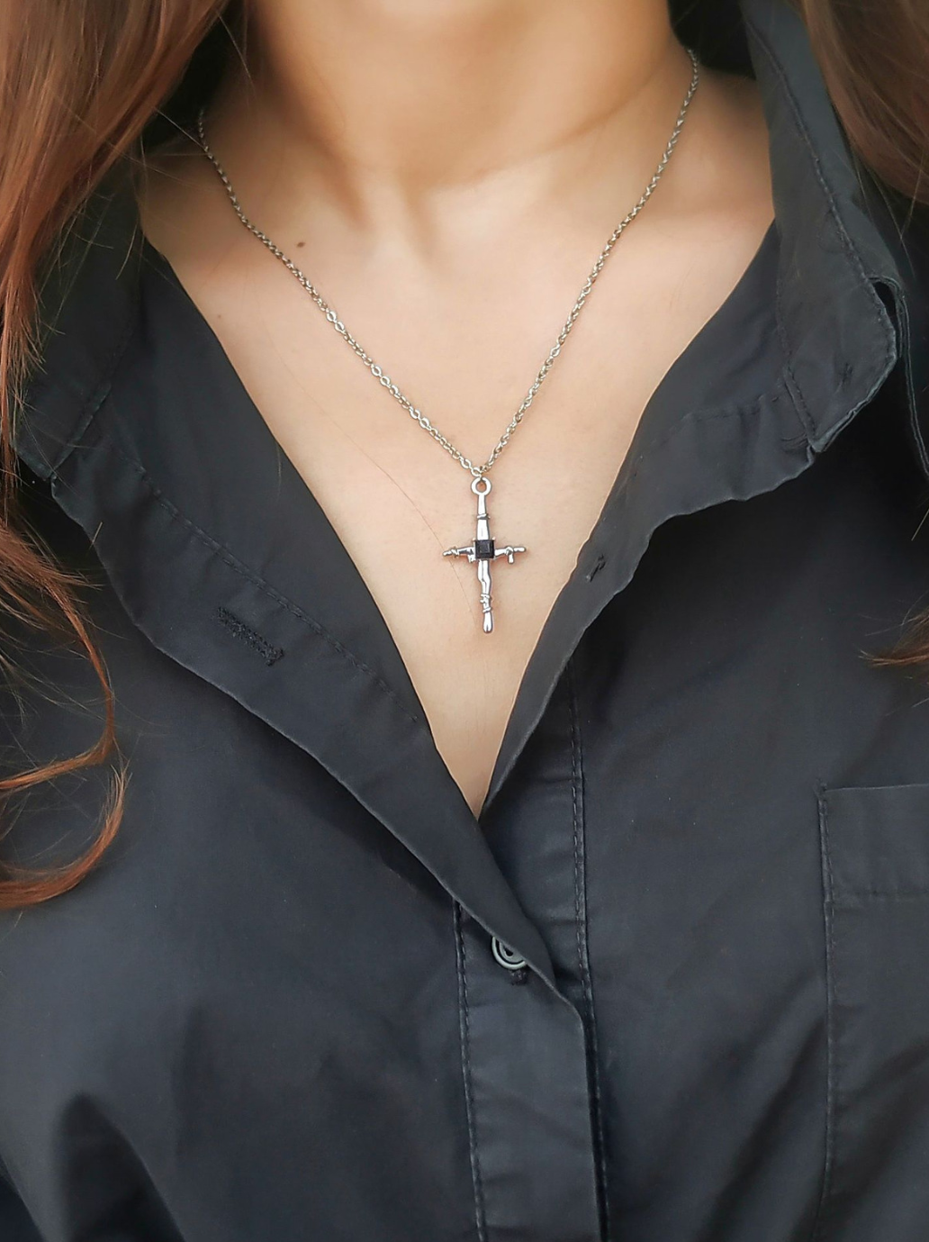 Black Stone Cross with Chain Necklace (Female)