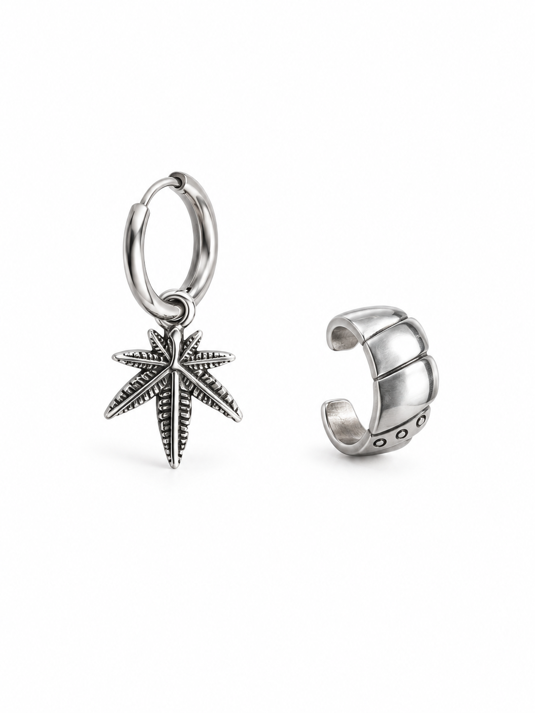 High Spirits Ear Stack - Cannabis Hoop and Silver Croissant Cuff