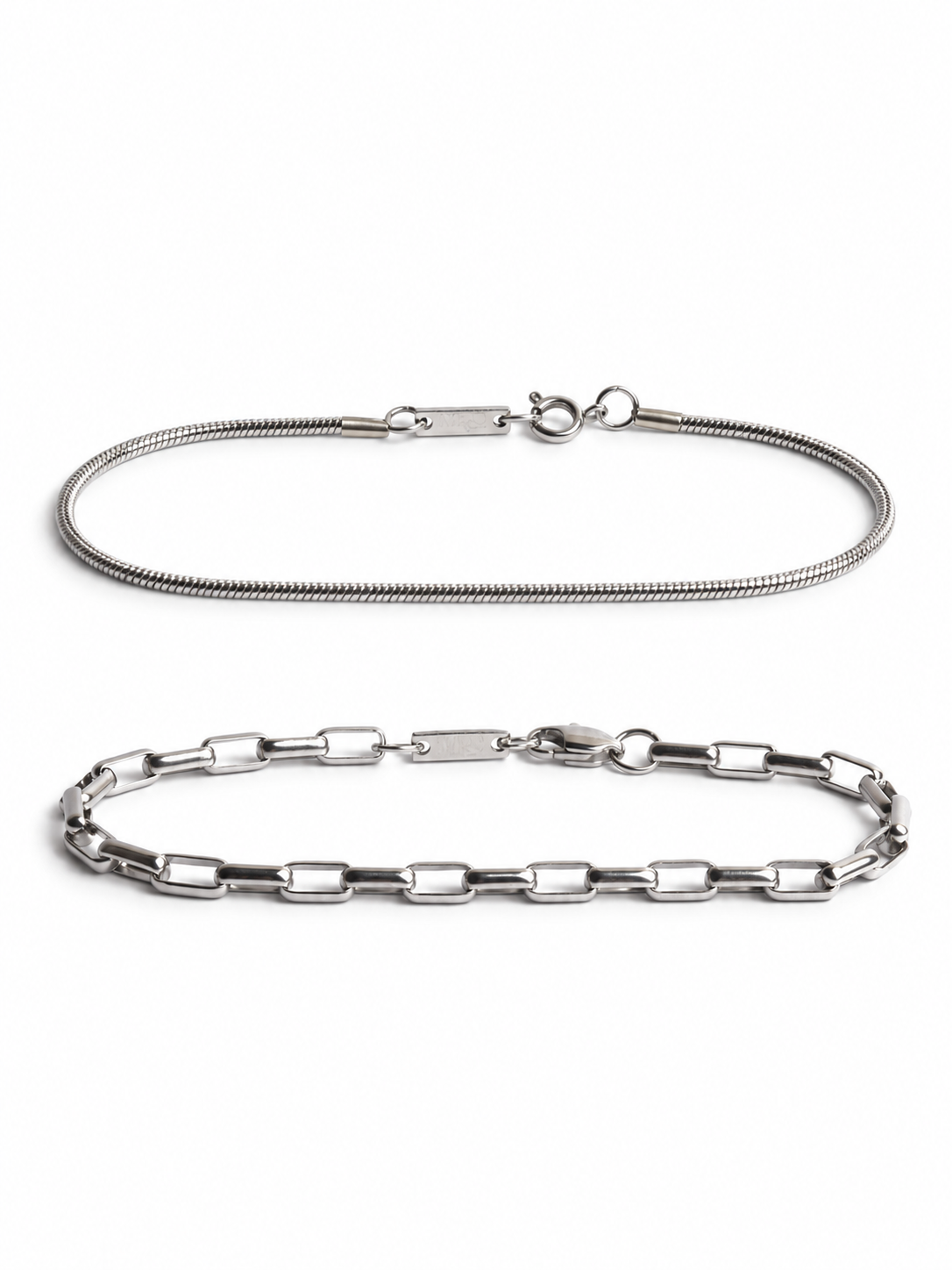 The Silver Stack - 2mm Chain Bracelet and Block Chain Bracelet (Silver)